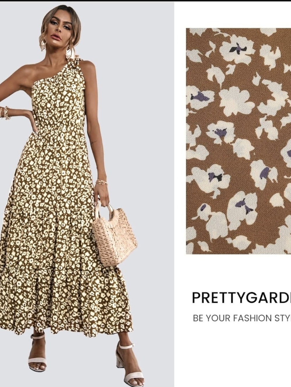 Pretty Garden One-Shoulder Brown Floral Maxi Dress - Picture 5 of 6